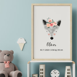 Poster Loup d'aquarelle mignonne avec fleurs | Boho Nurse