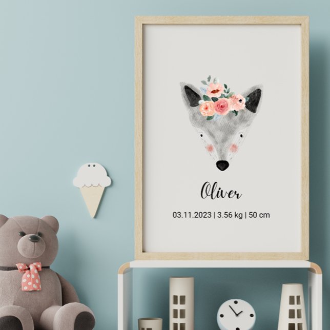 Poster Loup d'aquarelle mignonne avec fleurs | Boho Nurse (Créateur téléchargé)
