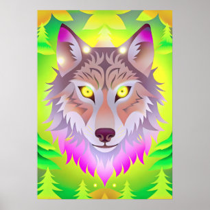 Poster Loup de Neon dans la forêt Abstraite