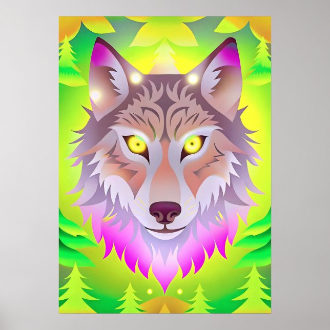 Poster Loup de Neon dans la forêt Abstraite (Devant)