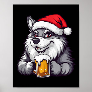 Poster Loup de Noël drôle avec bande dessinée de bière