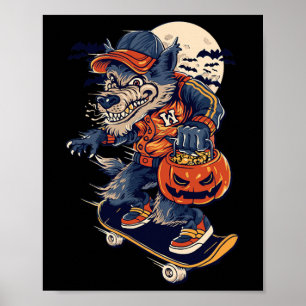 Poster Loup de skateboard cool portant une citrouille d'H