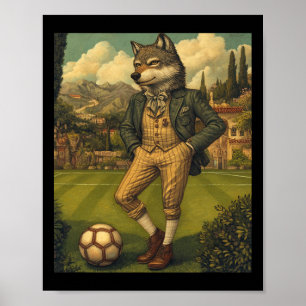 Poster Loup drôle jouant au football Graphique Loup bizar