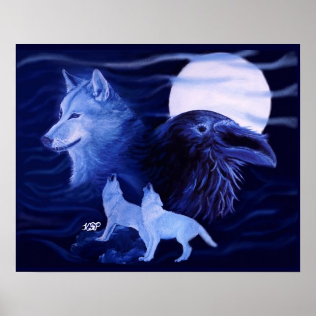 Poster Loup et corbeau avec pleine lune (Devant)