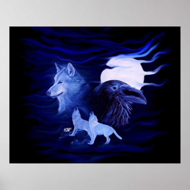 Poster Loup et corbeau avec pleine lune (Devant)