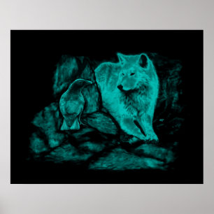 Poster Loup et corbeau dans la nuit