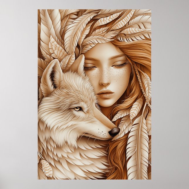 Poster Loup et femme en plumes (Devant)