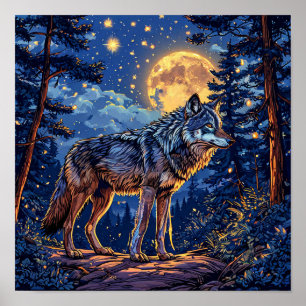 Poster Loup et forêt sous la lune Ciel nocturne Nature my