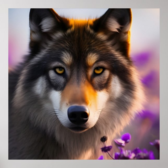 Poster Loup gris en fleurs violettes (Devant)