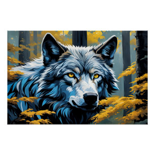 Poster Loup gris en forêt dorée