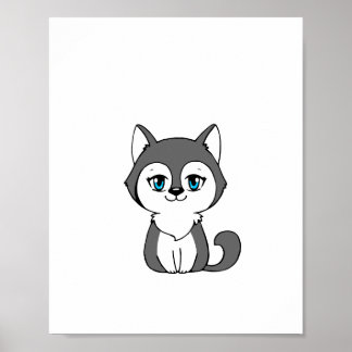 Poster Loup gris style Chibi