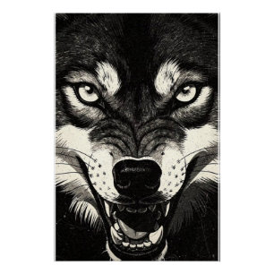 Poster Loup grognant Style Graphique Noir Blanc 50s