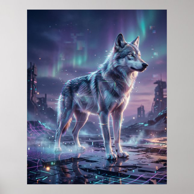 Poster Loup hologramme Glitch Wasteland (Devant)
