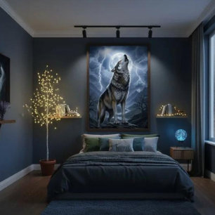 Poster Loup hurlant à la pleine lune avec orage et éclair