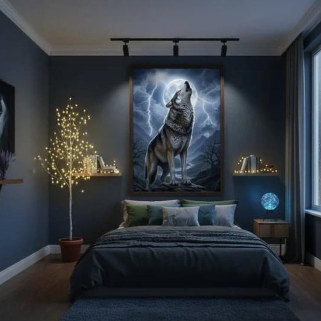 Poster Loup hurlant à la pleine lune avec orage et éclair (Créateur téléchargé)