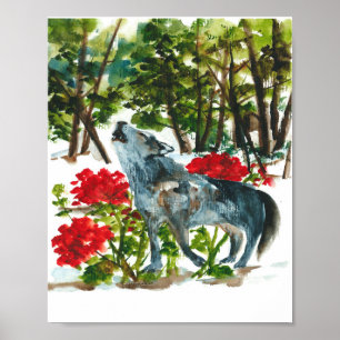 Poster Loup hurlant aquarelle