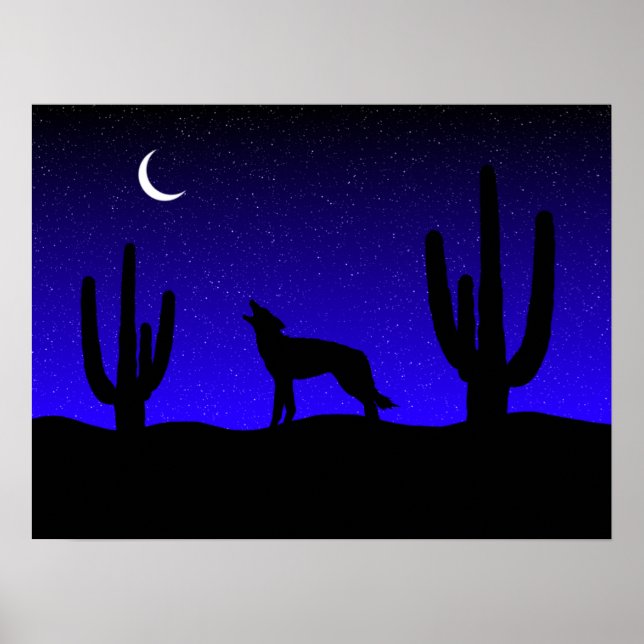 Poster Loup hurlant silhouette de nuit de désert (Devant)