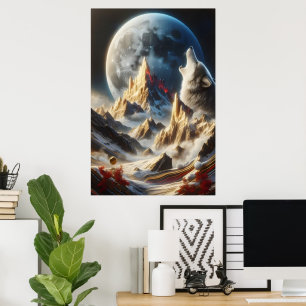 Poster Loup hurlant sous les pics lunaires