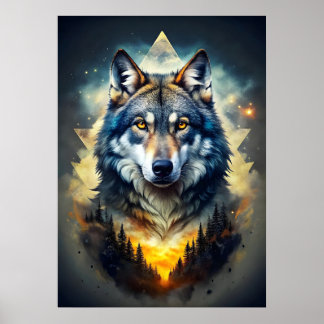 Poster Loup majestueux dans la forêt cosmique