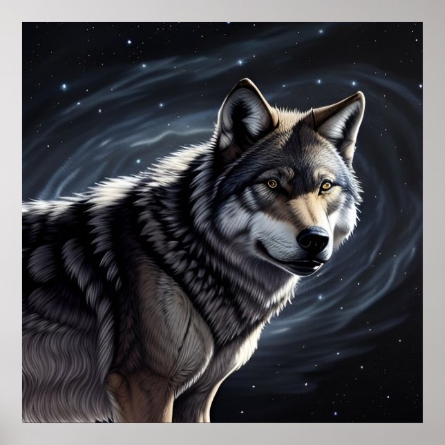 Poster Loup majestueux sous ciel étoilé (Devant)