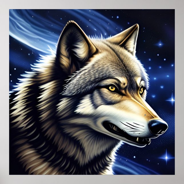 Poster Loup majestueux sous ciel étoilé (Devant)