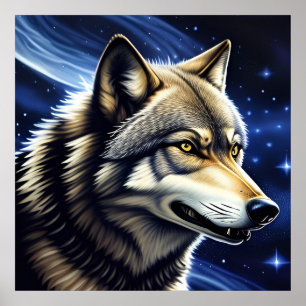 Poster Loup majestueux sous un ciel étoilé