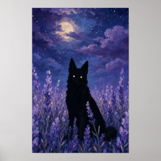 Poster Loup noir dans champ de lavande