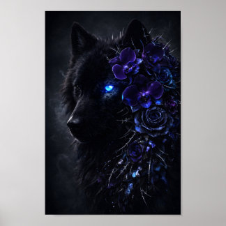 Poster Loup noir gothique aux yeux bleus lumineux et fleu