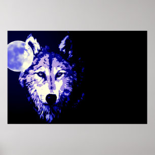 Poster Loup Pleine Lune Bleu Noir