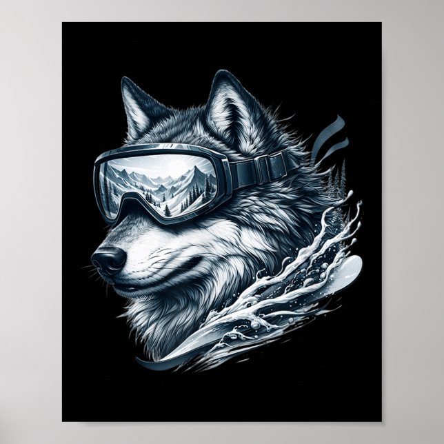 Poster Loup portant des lunettes de ski snowboard Loup fa (Devant)