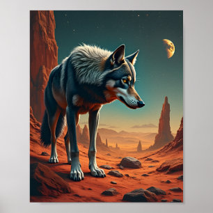 Poster Loup solitaire dans le désert de mars l'espace