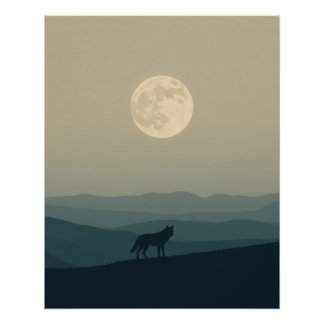 Poster Loup solitaire sous la pleine lune