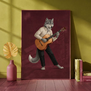 Poster Loup Sophistiqué Jouant de la Guitare Acoustique A