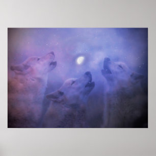 Poster Loups et lune Belle faune Imaginaire