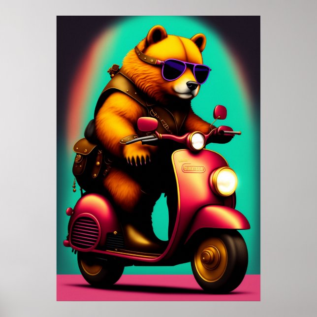Poster L'ours cool à cheval sur un scooter rose (Devant)