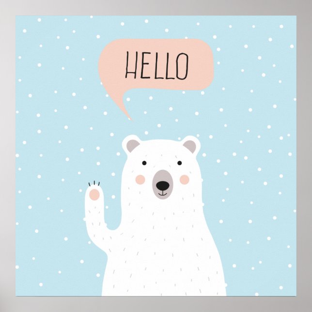Poster L'ours polaire mignon dans la neige dit Bonjour (Devant)
