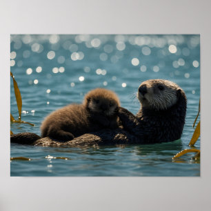 Poster Loutre de mer maman et bébé flottant dans l'océan