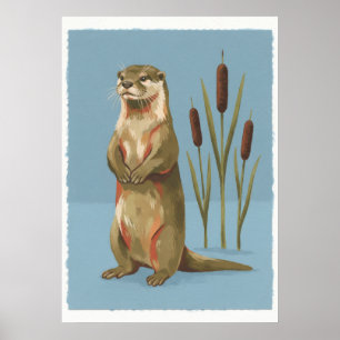 Poster Loutre de rivière debout et roseaux Art populaire