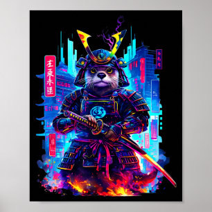 Poster Loutre Katana Cyberpunk Néon Samouraï Art Japonais