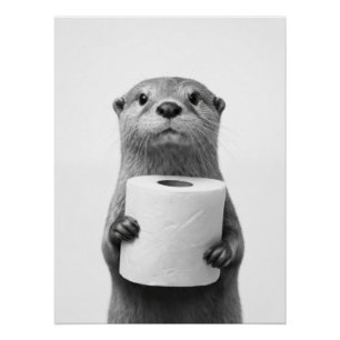 Poster Loutre stoïque noir et blanc tenant un rouleau de
