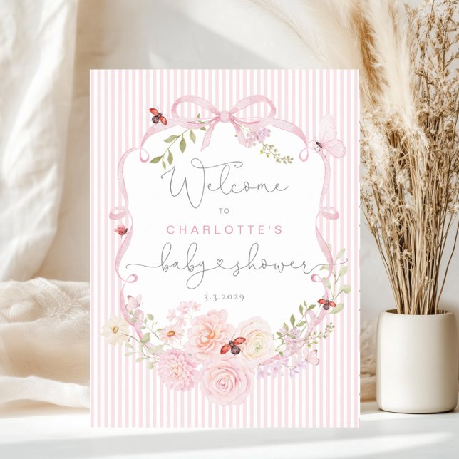 Poster Love Bug Pink Bow Stripes Baby Shower Welcome (Créateur téléchargé)