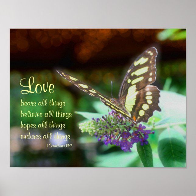 Poster Love Corinthians 13:7 Citation Bible Papillon (Devant)