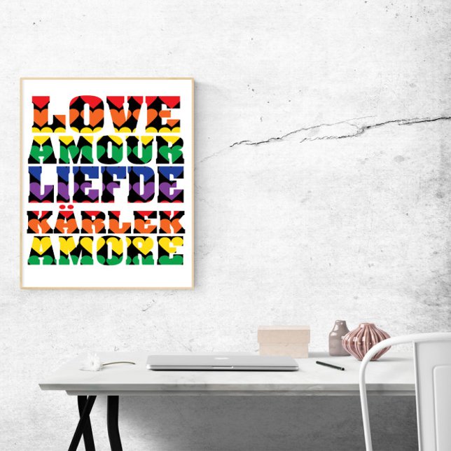 Poster Love Many Languages Rainbow Hearts (A poster that says love in many languages with colorful hearts!)