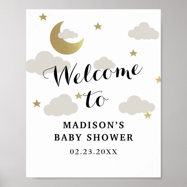 Poster Love Moon et Back Star Clouds Baby shower Bienvenu (Devant)