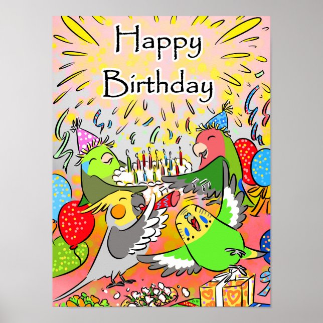 Poster Lovebird budgie cockatilet heureux anniversaire (Devant)