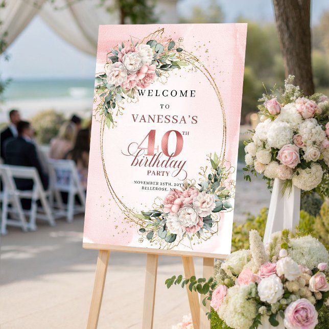 Poster Lovely Boho Dusty Pink Greenery 40th Birthday   (Lovely Boho Dusty Pink Greenery 40th Birthday Welcome)
