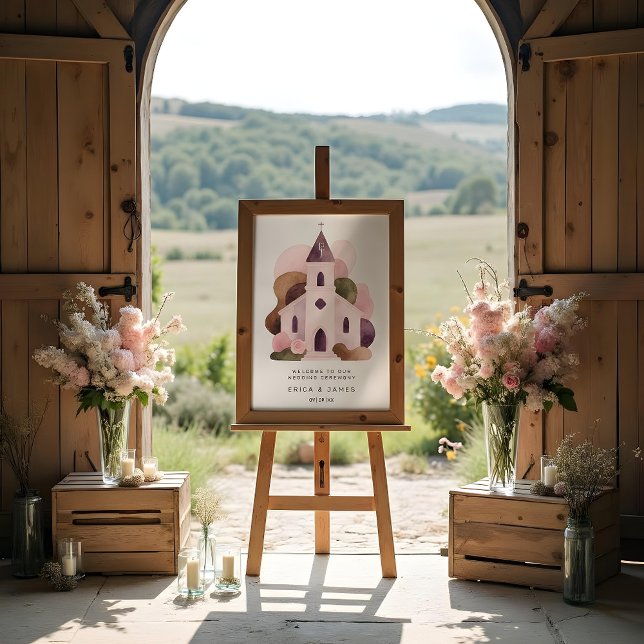 Poster Lovely Rustic Pink Tones Church Wedding (Lovely Rustic Pink Tones Church Illustration Wedding Welcome Sign Poster Designs.)