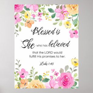 Poster Luc 1:45 Béni est Elle, Écriture Féminine Floral