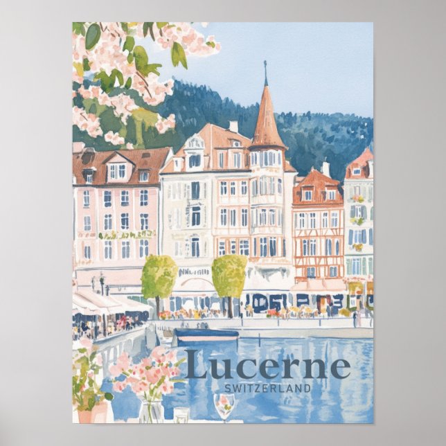 Poster Lucerne Suisse Aquarelle Peinture Voyage (Devant)