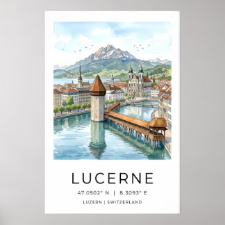 Poster Lucerne Travel Art Print Swiss Cityscape and